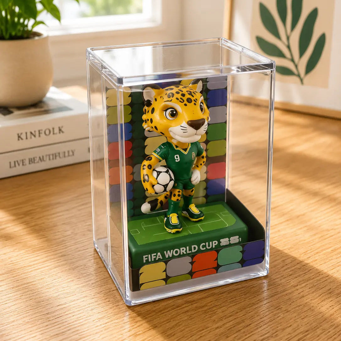 Bobblehead figure of a leopard mascot in a FIFA World Cup jersey inside a clear cube on a wooden surface.